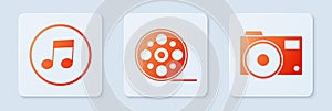 Set Film reel, Music note, tone and Photo camera. White square button. Vector