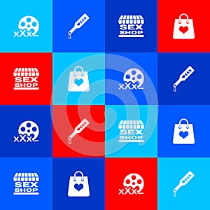 Set Film reel with Sex, Spanking paddle, shop building and Shopping bag heart icon. Vector