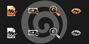 Set Finance document, Money percent, Magnifying glass and euro and Eye with icon. Vector