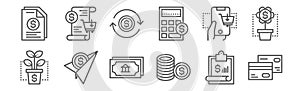 Set of 12 finance icons. outline thin line icons such as cit card, coins, bank transfer, online shopping, bank transfer, bills photo