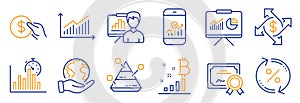 Set of Finance icons, such as Report timer, Payment exchange, Pyramid chart. Vector