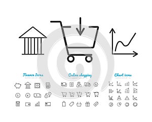 Set of finance and online payments icons, statistics, shopping