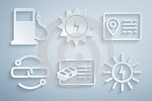 Set Financial document, Address book, Chain link line, Solar energy panel, and Petrol or Gas station icon. Vector