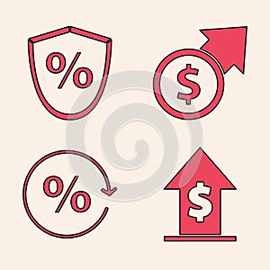 Set Financial growth and coin, Loan percent, Financial growth and coin and Discount percent tag icon. Vector