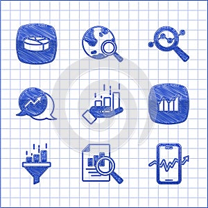 Set Financial growth, Document with graph chart, Mobile stock trading, Sales funnel, Search data analysis and Pie