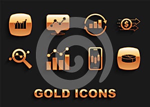 Set Financial growth, dollar, Pie chart infographic, Mobile stock trading, Search data analysis, Graph, and icon. Vector