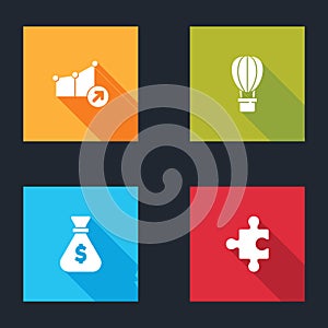 Set Financial growth, Hot air balloon, Money bag and Piece of puzzle icon. Vector