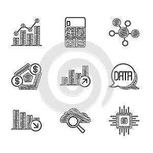 Set Financial growth, Search cloud computing, Processor CPU, Data analysis, decrease, Mind map infographic and Pie chart