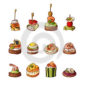 Set of finger food elements. Canape and appetizes served on sticks in sketch style. Catering service template. Vector