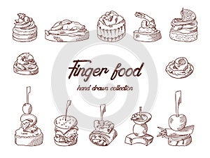 Set of finger food elements. Canape and appetizes served on sticks in sketch style. Catering service template. Vector