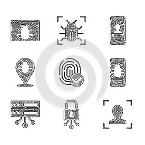 Set Fingerprint, Cyber security, Face recognition, System bug mobile, Server, Data, Web Hosting, Mobile and face and