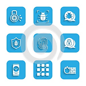 Set Fingerprint, Graphic password protection, Firewall, security wall, Cyber, Smartphone, System bug, and icon. Vector