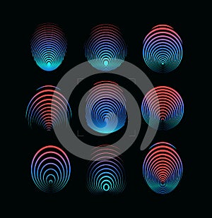 Set of fingerprint vector icon. Round digital finger print symbol. Security system logo template. Blue and red gradient