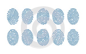 Set of fingerprints of various types on white background. Traces of friction ridges of human fingers. Method of photo