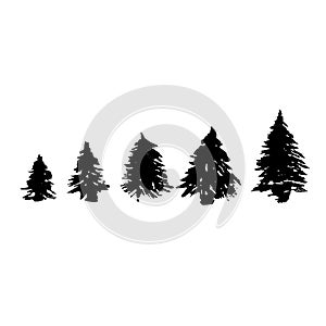Set of fir tree silhouettes. Black grunge Christmas trees. Watercolor spruces isolated on white background. Vector