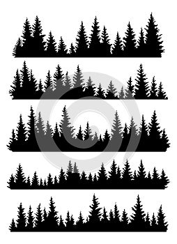 Set of fir trees silhouettes. Coniferous spruce horizontal background patterns, black evergreen woods vector photo