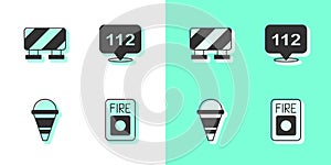 Set Fire alarm system, Road barrier, cone bucket and Emergency call icon. Vector