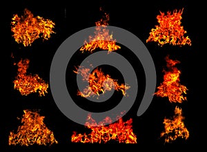 Set of fire blaze and flame texture background. Isolated on black background.