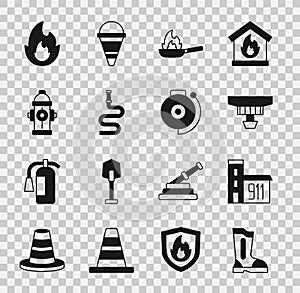 Set Fire boots, Building of fire station, Smoke alarm system, Pan with, hose reel, hydrant, flame and Ringing bell icon