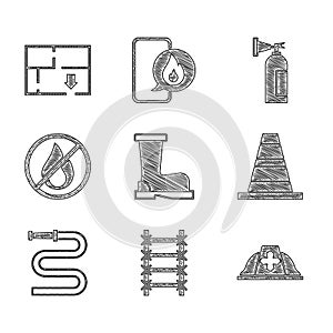 Set Fire boots, escape, Firefighter helmet, Traffic cone, hose reel, No fire, extinguisher and Evacuation plan icon