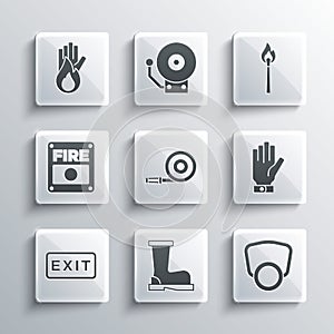 Set Fire boots, Gas mask, Firefighter gloves, hose reel, exit, alarm system, No fire and Burning match with icon. Vector