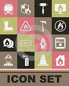 Set Fire in burning house, alarm system, No fire, Firefighter axe, flame triangle, boots, truck and icon. Vector