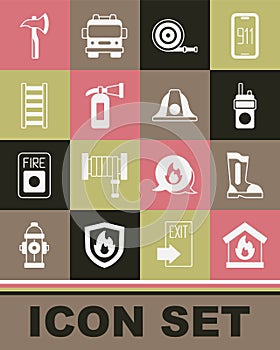 Set Fire in burning house, boots, Walkie talkie, hose reel, extinguisher, escape, Firefighter axe and helmet icon