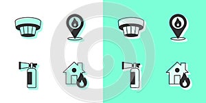 Set Fire in burning house, Smoke alarm system, extinguisher and Location with fire flame icon. Vector