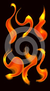 Set of fire curls on dark background. Objects separate from background