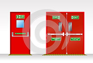 set of fire door exit isolated or fire emergency exit door or red door to evacuate when fire accident. eps photo