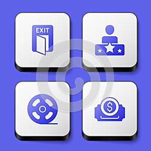 Set Fire exit, Actor star, Film reel and Cinema ticket icon. White square button. Vector