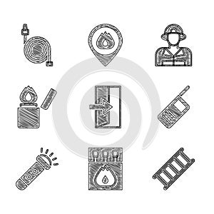 Set Fire exit, Matchbox and matches, escape, Walkie talkie, Flashlight, Lighter, Firefighter and hose reel icon. Vector