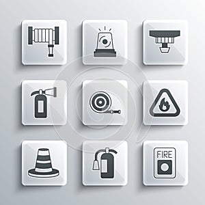Set Fire extinguisher, alarm system, flame triangle, hose reel, Traffic cone, and Smoke icon. Vector