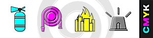 Set Fire extinguisher, Fire hose reel, Fire in burning buildings and Flasher siren icon. Vector