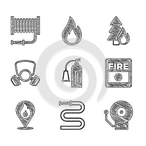 Set Fire extinguisher, hose reel, Ringing alarm bell, system, Location with fire flame, Gas mask, Burning forest tree