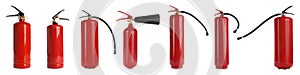 Set with fire extinguishers on white background. Banner design