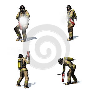 Set of Fire fighter with fire extinguisher - different views on white background