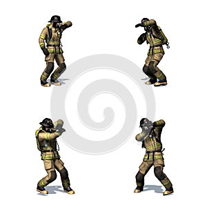 Set of Fire fighter retreats from flame - different views on white background