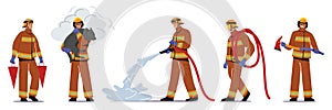 Set Fire Fighters Male Characters in Uniform Holding Buckets, Save Dog and Axe, Spraying Water from Hose. Firemen Team