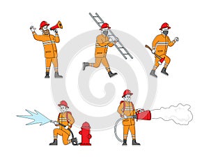 Set of Fire Fighters Male Characters in Uniform Holding Ladder, Spraying Water from Hose. Group of Firemen Working