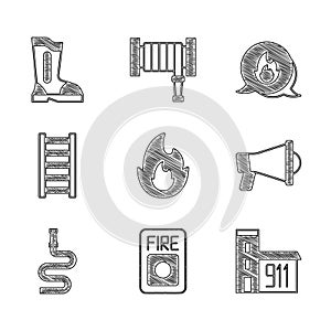 Set Fire flame, alarm system, Building of fire station, Megaphone, hose reel, escape, Emergency call and boots icon