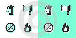 Set Fire flame, extinguisher, No fire and hose reel icon. Vector