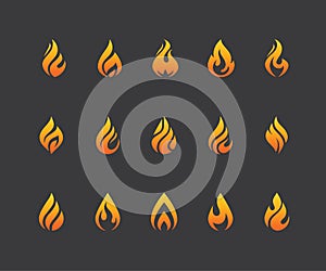 Set of fire flame icons and logo isolated on black background.