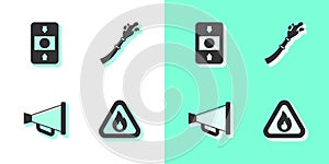 Set Fire flame in triangle, alarm system, Megaphone and hose reel icon. Vector