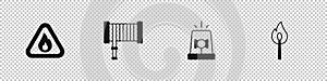 Set Fire flame in triangle, hose reel, Flasher siren and Burning match with fire icon. Vector