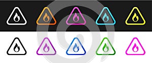 Set Fire flame in triangle icon isolated on black and white background. Warning sign of flammable product. Vector