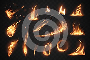 Set of fire flames elements on transparent background