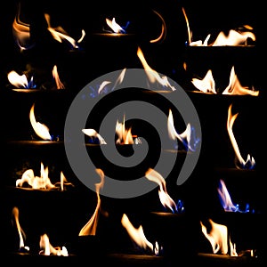 Set of fire flames isolated black background