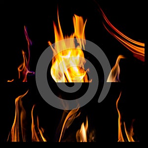 Set of fire flames isolated black background