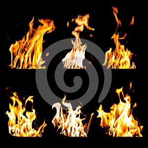 Set of fire flames isolated black background